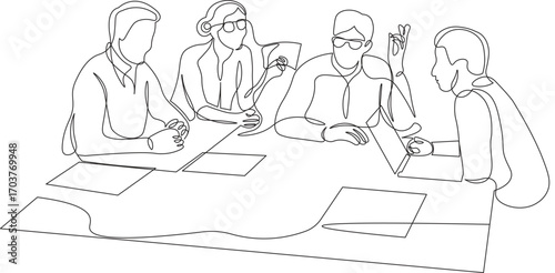 Group of Workers in a Meeting. Continuous Line Art Illustration
