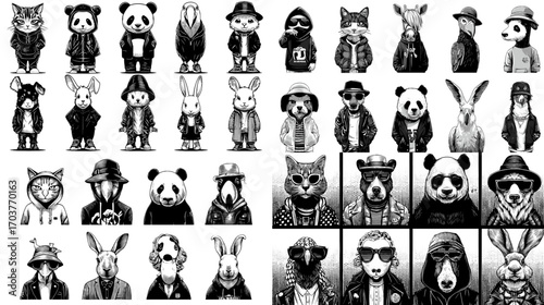Stylish black and white illustration of animals dressed in urban clothing, including pandas, cats, foxes, rabbits, and kangaroos, perfect for fashion, street art, or design projects.