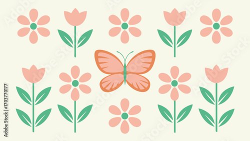 Charming butterfly and flower pattern isolated on white background a delightful design featuring vibrant colors and playful floral elements