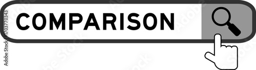 Search banner in word comparison with hand over magnifier icon on white background