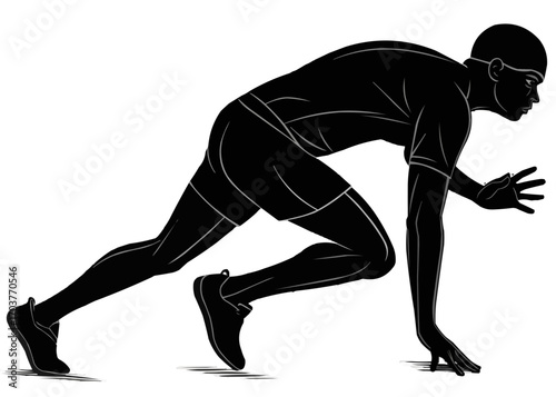 Silhouette of a male athlete in starting position ready to run on a white background illustration