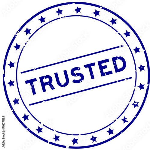 Grunge blue trusted word round rubber seal stamp on white background