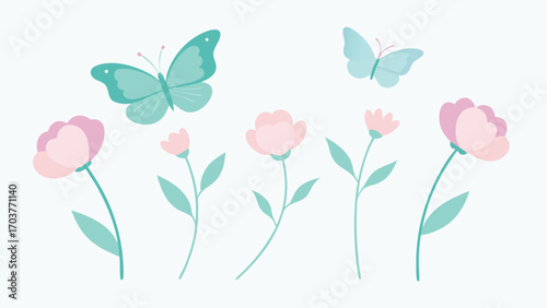 Wallpaper Mural Pastel floral arrangement isolated on white background featuring pink flowers and blue butterflies, creating a serene and whimsical spring illustration Torontodigital.ca