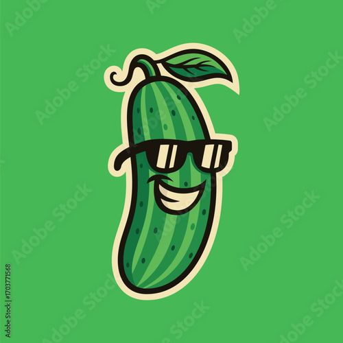 Smiling cool cucumber with sunglass - cartoon mascot illustration character vector clip - tee design for printing. Good for poster, wallpaper, t-shirt, gift.