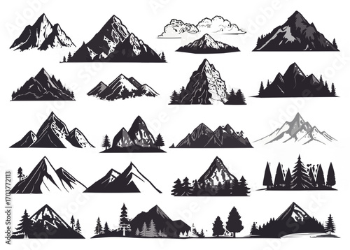 Collection of mountain range silhouettes with trees and cloudscape in monochrome vector illustration
