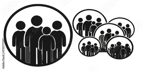 Group of people icons in circles representing communities and social gatherings in black and white design