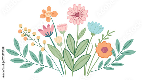 Colorful floral bouquet isolated on white background, a vibrant arrangement of assorted flowers and leaves, ideal for adding a touch of nature to any design