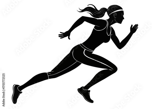 Silhouette of a woman running with a headband and ponytail in athletic attire on a white background