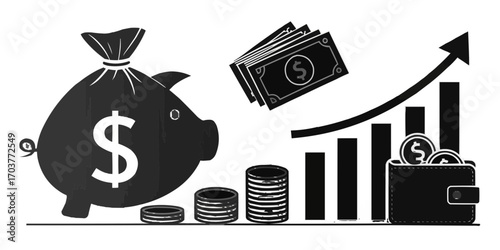 Illustration showing a pig shaped money bag stacks of coins and bills and a growth chart with an arrow