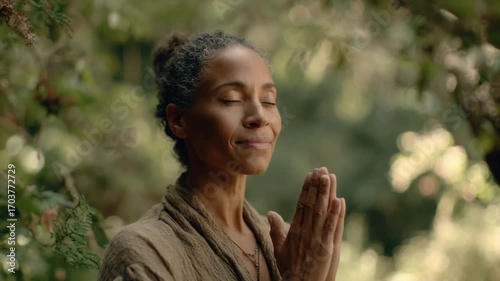 Meditating woman with eyes closed, hands pressed together in prayer, standing serenely among sunlit trees.