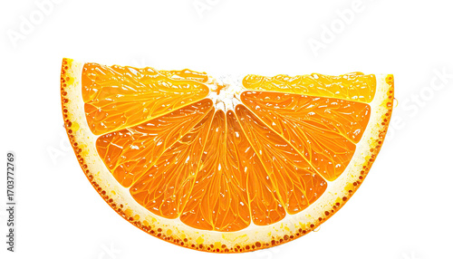 Close-up slice of bright orange, showing segments and texture