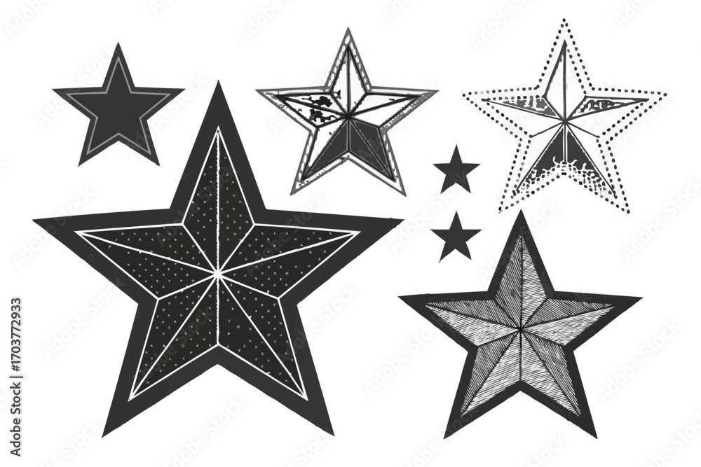 Obraz premium Collection of varying black and white star illustrations with different textures and line styles shown