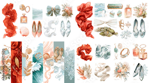 Watercolor illustration of elegant fashion and wedding elements including shoes, perfumes, ribbons, jewelry, and bouquets, ideal for romantic, bridal, and lifestyle design.