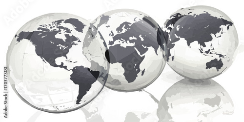 Three transparent globe spheres showing different continents and their reflections on a white surface