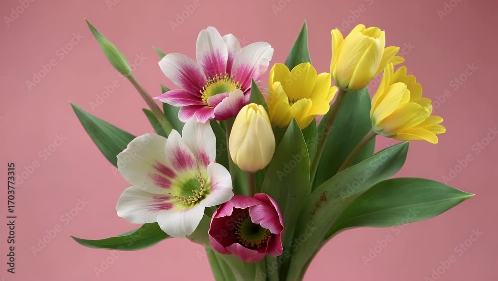 arrangement of tulip and gerbera flowers against soft pink colored background arrangement of tulip and gerbera flowers against soft pink colored background
