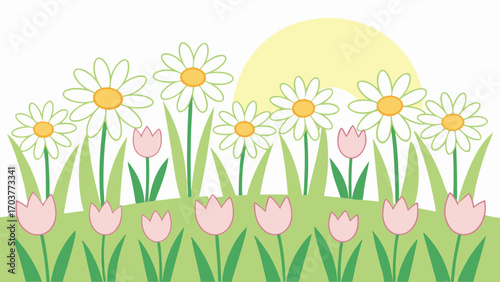 A charming spring garden scene with daisies, tulips, and a gentle sun, creating a cheerful and inviting atmosphere isolated on white background