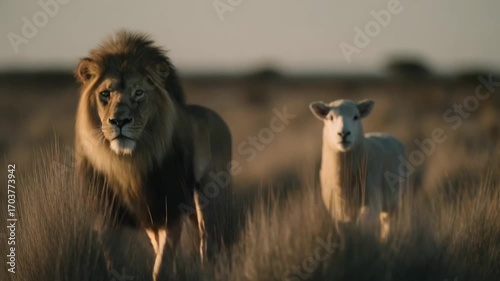An adult male lion and a white lamb standing together in tall savannah grass at dusk.