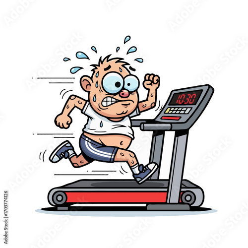 A cartoon illustration of a boy and a man running on treadmills, vector drawing of people working on business character fun