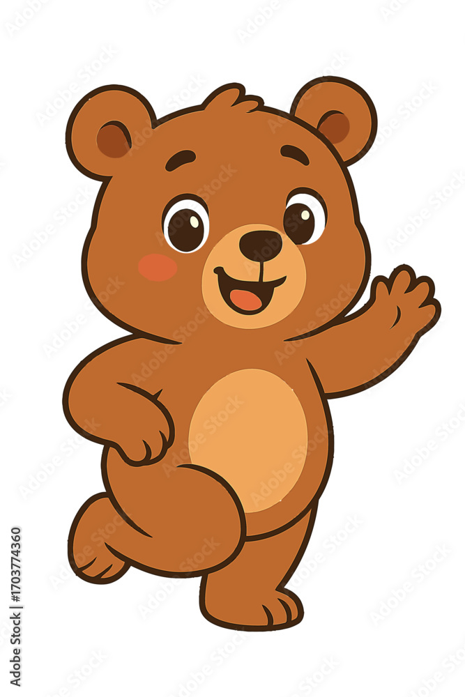 Fototapeta premium Charming Waving Brown Cartoon Bear Illustration: A Happy, Friendly, and Adorable Character with a Big, Welcoming Smile, Rosy Cheeks, and an Upraised Paw, Standing Joyfully, Ideal for Kids' Content, Di