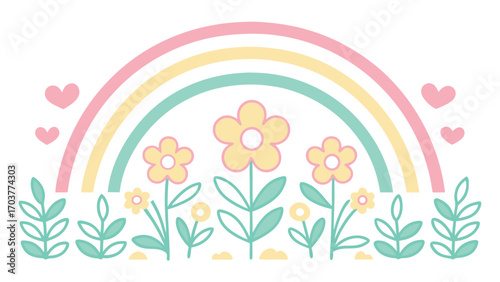 A whimsical rainbow garden with pastel flowers and hearts isolated on white background, creating a dreamy and cheerful spring illustration