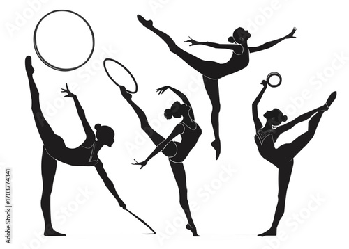 Silhouettes of rhythmic gymnasts performing with hoops and ribbon in elegant poses and stances