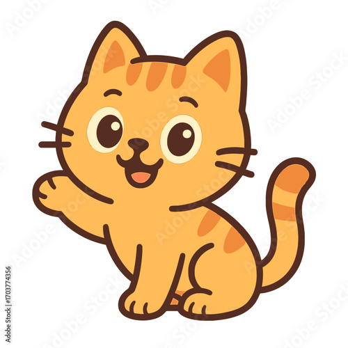 Cute orange tabby cat cartoon smiling, waving a paw. Happy ginger kitten illustration for kids, pet lovers. Friendly feline character, ideal for digital art, stickers, apps, and welcoming designs. A t