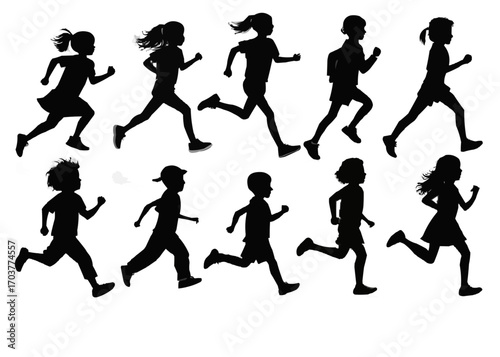Silhouette depiction of a group of children running and playing together in a dynamic composition scene