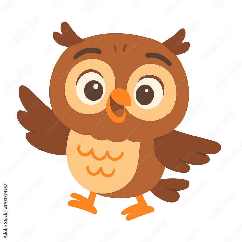 Fototapeta premium Cute animated brown owl, big eyes, open beak, waving wing, glowing feet. Perfect for children's books, education, playful branding. This cheerful character radiates pure joy and whimsical charm, ideal