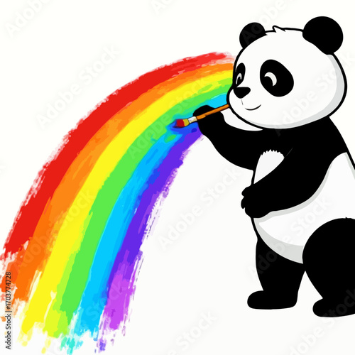 A fun and wild vector illustration of a cute baby panda bear playing with a colorful rainbow