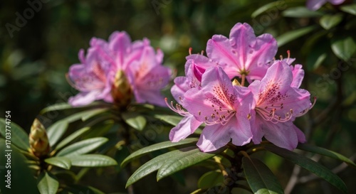 Close-up of vibrant pink rhododendrons in bloom. Lush greenery surrounds the blossoms