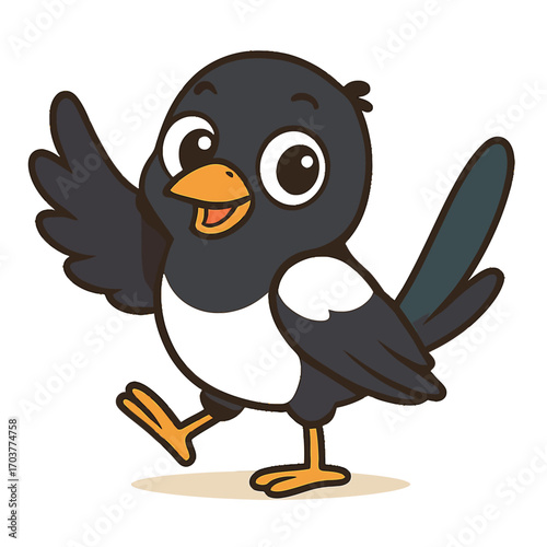 Happy cartoon bird, dark blue and brown feathers, orange beak, big friendly eyes, cheerfully waving a wing and playfully stepping on a warm glowing brown background. Adorable character art.