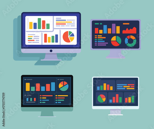 Four computer screens displaying colorful data charts and graphs monitor