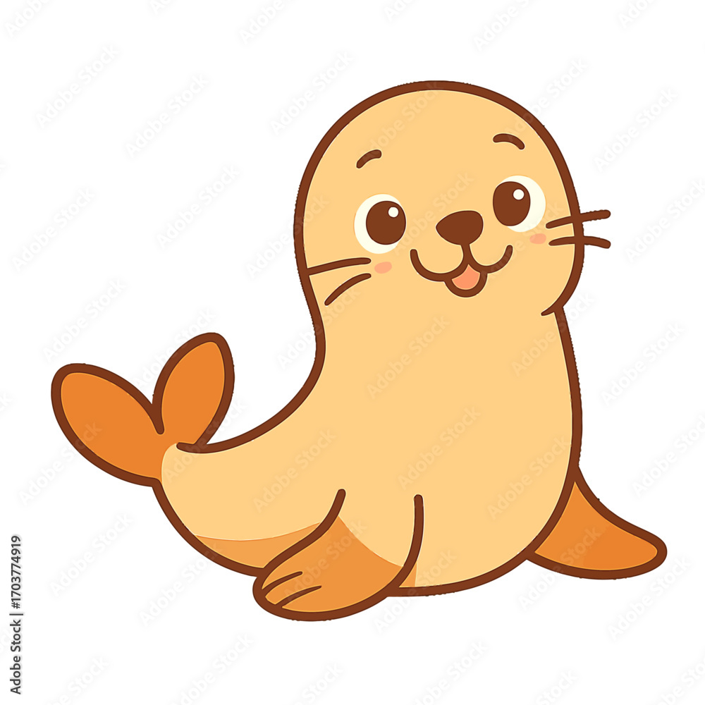 Fototapeta premium Adorable cartoon seal character with big happy eyes and a tiny tongue sticking out, glowing warmly against a dark brown background, perfect for children's designs, stickers, and cheerful aquatic ocean