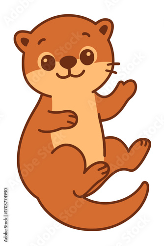 Adorable cartoon otter, playfully waving with friendly smile. Charming aquatic mammal radiates warmth in vibrant orange hues, gentle glow against dark backdrop. Perfect for cheerful designs, kids' con