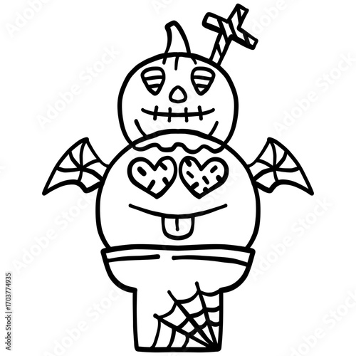 halloween illustration. Halloween monster doodle with bat wings, heart eyes, and spider web pants