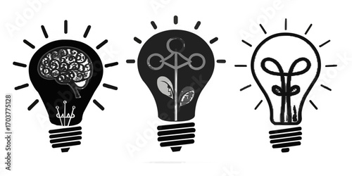 Three light bulbs showcasing a brain, plant structure, and filament representing different ideas