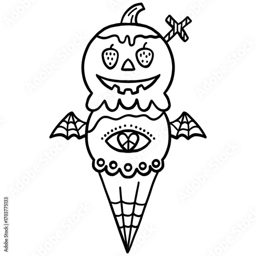 halloween illustration. Halloween-themed ice cream cone with spooky eyes, wings, and a sword.