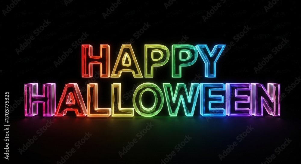Obraz premium Vibrant Happy Halloween greeting with rainbow glow effect on a black background