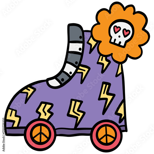 halloween illustration. Purple roller skate with lightning patterns and flower with skull design.
