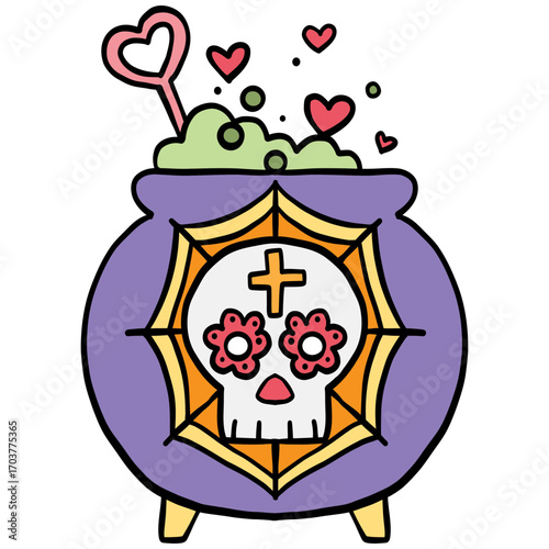 halloween illustration. Purple cauldron with green potion and sugar skull design with hearts above.