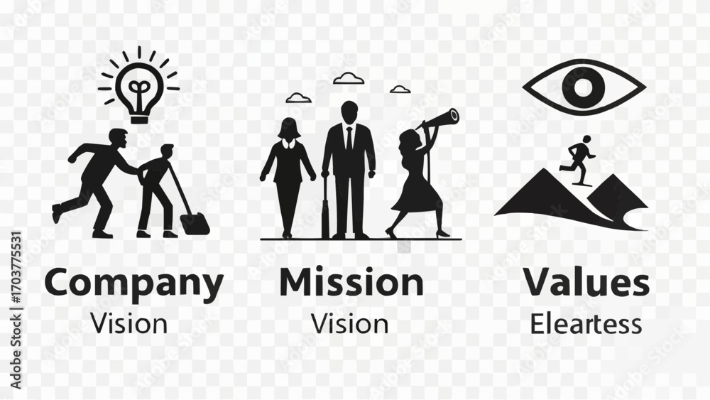Fototapeta premium Illustration depicting company vision, mission vision, and values eleartess in black and white style