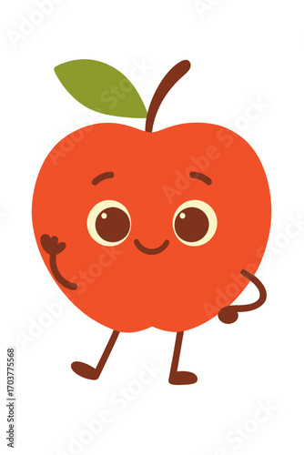 Red glowing apple cartoon character illustration. Happy face, big adorable eyes, rosy cheeks, green leaf, and stem, joyfully waving. Vibrant kawaii fruit, positive energy, dark background. Healthy, pl