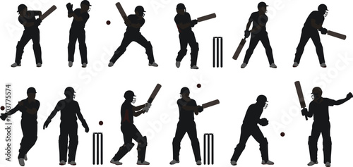 Silhouette cricket players batting with ball, stumps, helmet, sports equipment, action poses, practice training and professional match vector illustration