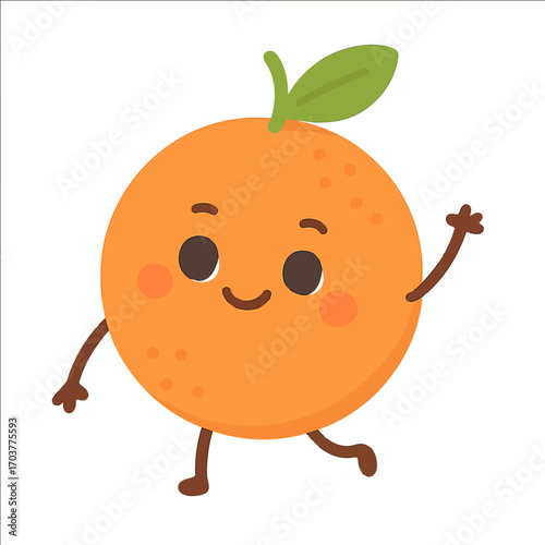 Cute cartoon orange with a smiling face, rosy cheeks, and a green leaf, waving and walking with a gentle glow. A happy, healthy, and cheerful fruit character perfect for kid-friendly content, vibrant