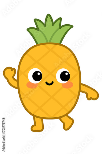 An incredibly adorable and vibrantly yellow cartoon pineapple character, featuring a charming kawaii design with large expressive eyes, rosy pink cheeks, and a delightful, friendly smile, captured mid