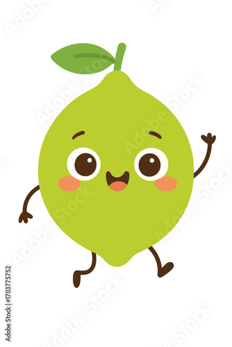 Adorable happy cartoon lime character illustration radiating cheerfulness on a vibrant green background. A cute citrus fruit mascot with big eyes, rosy cheeks, and a joyful smile, waving hello, perfec