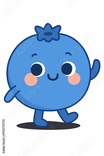 Cute blue cartoon blueberry character with joyful smile, rosy cheeks, and playful waving hand, glowing brightly against dark backdrop. Friendly animated fruit mascot ideal for kid-friendly content, ed