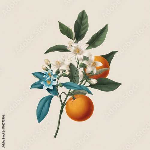 Botanical illustration of an orange tree branch with blossoms and ripe fruit, rendered in a vintage style with meticulous detail and rich color palette on a muted background