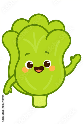 Adorable, vibrant, and friendly cartoon green lettuce character with big smiling eyes and rosy cheeks, happily waving its hand, surrounded by a soft, luminous glow on a dark green gradient background,