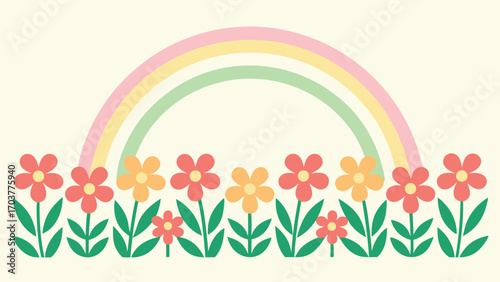 A delightful illustration showcasing a pastel rainbow gracefully arching over a vibrant flower bed, creating a whimsical and cheerful scene isolated on white background